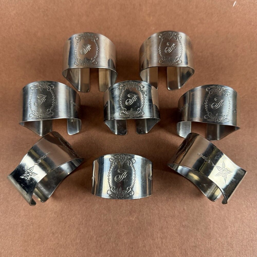 8 Vintage Custom Craft Stainless Monogram (F) Napkin Rings